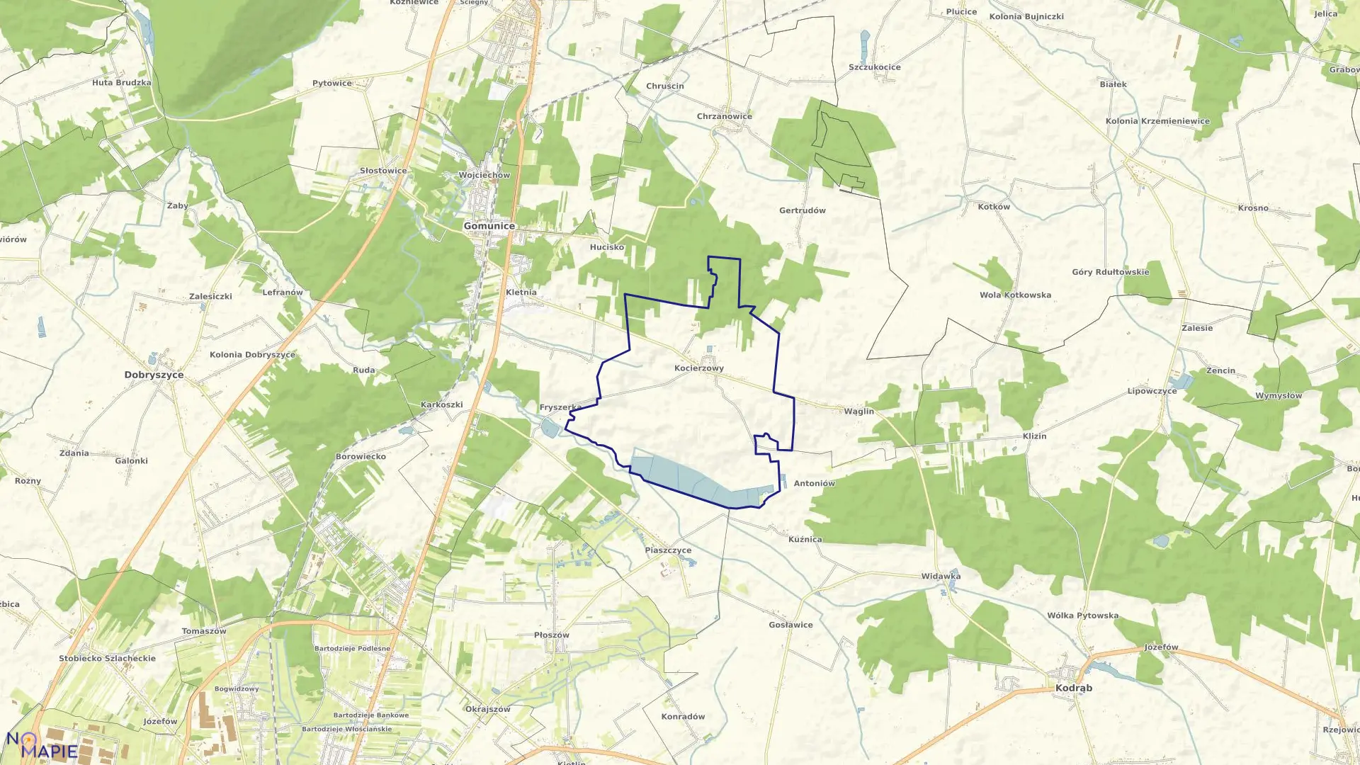 Mapa obrębu KOCIERZOWY w gminie Gomunice